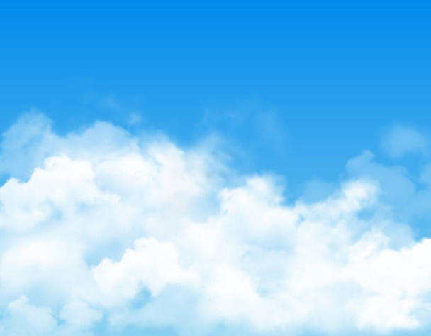 Nubes esponjosas blancas o niebla sobre fondo azul del cielo. Fondo nublado vectorial, niebla realista, vapor o humo blanco. Clima, pronóstico del tiempo o contaminación atmosférica, cielo en el cielo telón de fondo - Vector, Imagen