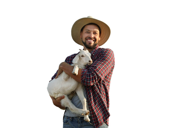 Man with cute goat on white background - Foto, Imagen