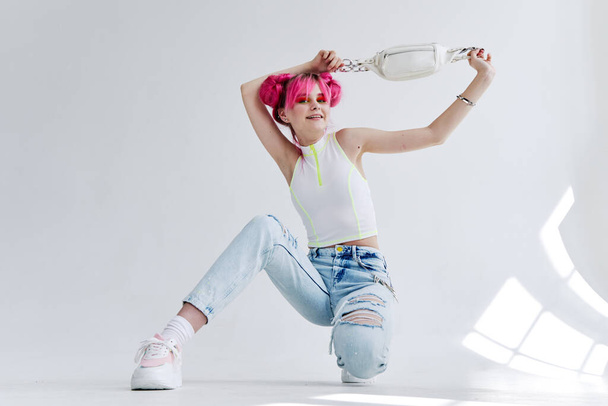 cheerful woman pink hair posing fashion clothes lifestyle fun design - Photo, Image