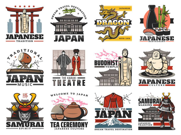 Japan isolierte Vektorsymbole mit japanischen Reisesehenswürdigkeiten, Lebensmitteln, Kultur und religiösen Symbolen. Asiatisches Sushi, Fuji-Berg, Teezeremonie und Buddha-Tempel, Drachen, Samurai, Geisha-Kimono und Kabuki - Vektor, Bild