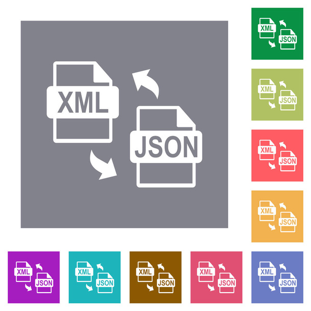XML JSON file conversion flat icons on simple color square backgrounds - Vector, Image