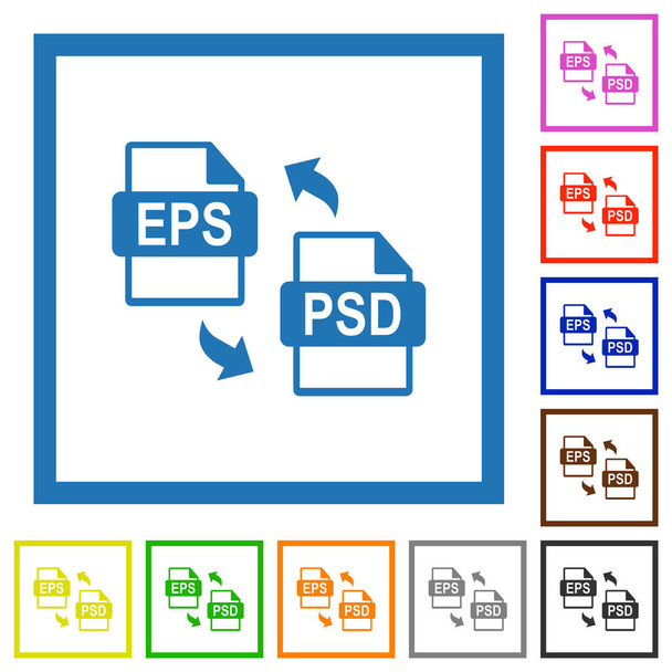 EPS PSD-bestand conversie platte kleur pictogrammen in vierkante frames op witte achtergrond - Vector, afbeelding