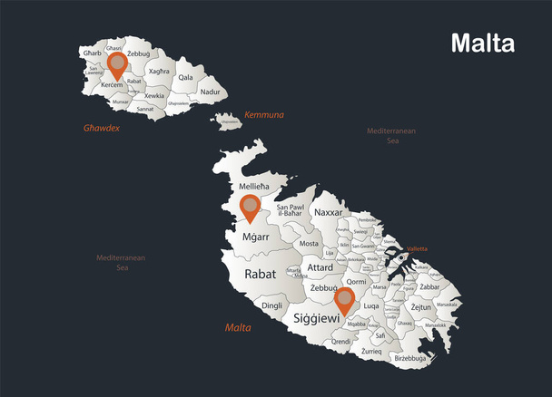 Μάλτα χάρτης, Infographics επίπεδη σχεδίαση χρώματα χιόνι λευκό, με τα ονόματα των επιμέρους περιοχών διάνυσμα - Διάνυσμα, εικόνα