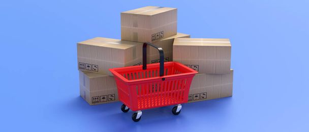 Bevásárlókosár és költöztető dobozok kék háttérrel. Vásárlási és forgalmazási szolgáltatás, rendelés és szállítás. 3d illusztráció - Fotó, kép