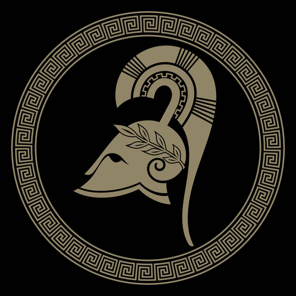 Αρχαίο Σπαρτιατικό κράνος και ελληνικό στολίδι meander - Διάνυσμα, εικόνα