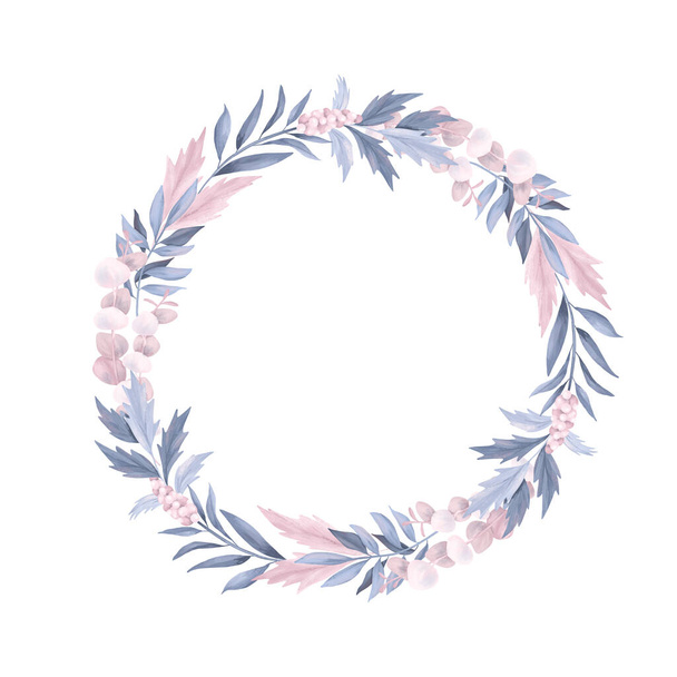 Floral pastel wreath of eucalyptus, holly tree and winter plants, hand drawn illustration on white background - Zdjęcie, obraz