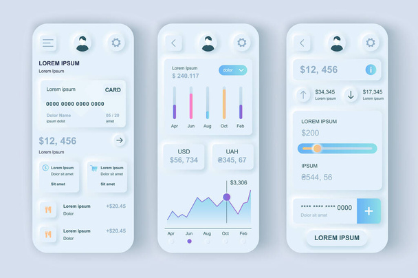 Finance services concept neumorphic templates set. Financial account management and statistics visualization. UI, UX, GUI screens for responsive mobile app. Vector design kit in neumorphism style - Vector, Image