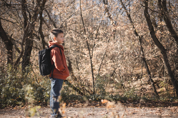 Nastolatek z plecakiem spacerujący ścieżką w jesiennym parku. Aktywny tryb życia, powrót do szkoły. Student chłopiec w jesiennym lesie. - Zdjęcie, obraz