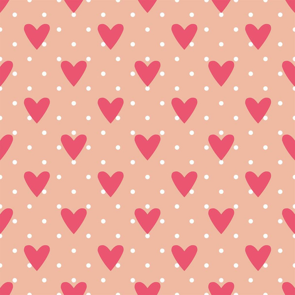Pink vector background with hearts and polka dots. Cute seamless pattern for valentines desktop wallpaper or lovely website design - Vector, Image