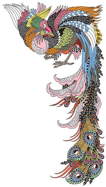 Китайский феникс или мифологическая птица Фэн Хуан Фэнхуан. Один из небесных животных фен-шуй. Графическая векторная иллюстрация стиля - Вектор,изображение