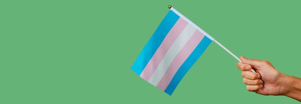 Молодой человек размахивает маленьким флагом трансгендерной гордости на зеленом фоне, в панорамном формате для использования в качестве веб-баннера или заголовка - Фото, изображение