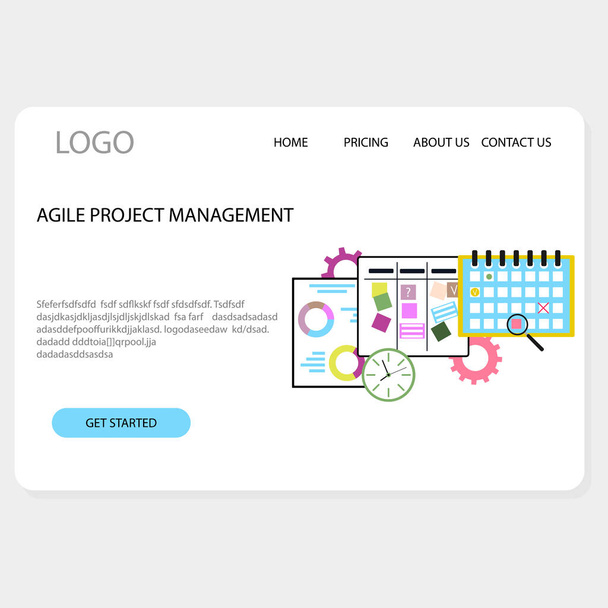 アジャイルプロジェクト管理ランディングページウェブサイト。方法論組織ビジネスのイラスト,かんばん戦略,プロセス開発ソフトウェア,管理モデルコンセプト,ベクトルプロジェクト計画進行状況 - ベクター画像