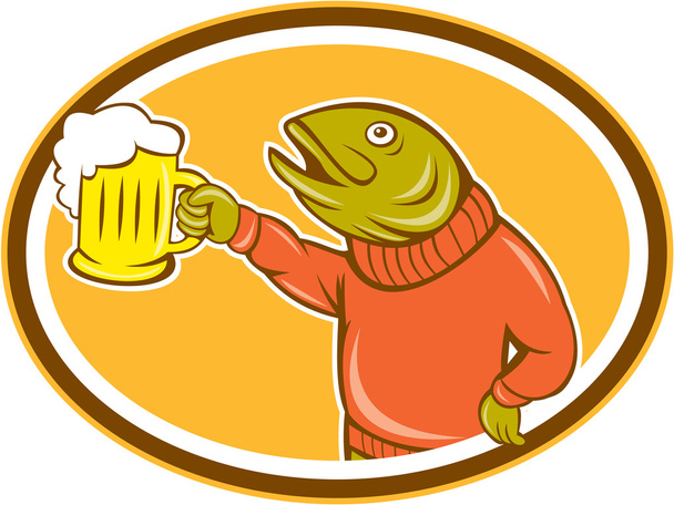 Форель риба тримає пиво Муг овальний мультфільм
 - Вектор, зображення