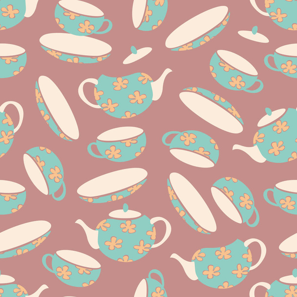Векторный бесшовный рисунок с чайниками, блюдцами и чашками. Дизайн для театра. - Вектор,изображение