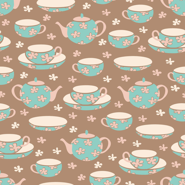 Vector seamless pattern with cups, saucers, teapots and flowers. Hand drawn dishes for teatime. - Vektor, kép