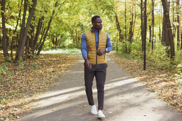 Hipster Afrykański Amerykanin spacerujący w jesiennym parku - Zdjęcie, obraz