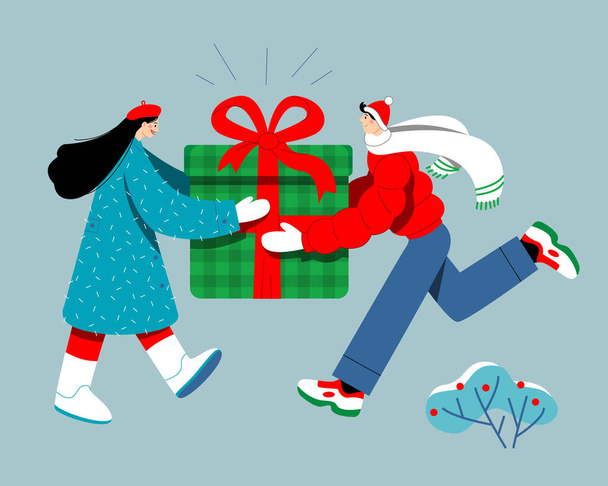 Les gens présentent une boîte cadeau. Illustration vectorielle de Noël. - Vecteur, image