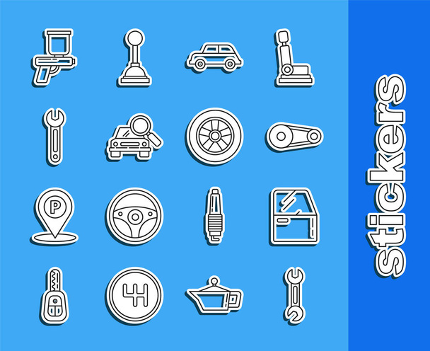 Set line Schraubenschlüssel, Autotür, Zahnriemen-Kit, Suche, Farbspritzpistole und Rad-Symbol. Vektor - Vektor, Bild