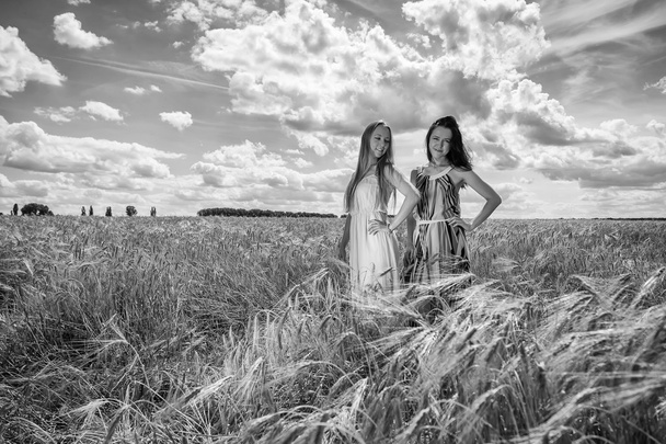 Dos niñas de pie en un campo de trigo
. - Foto, Imagen