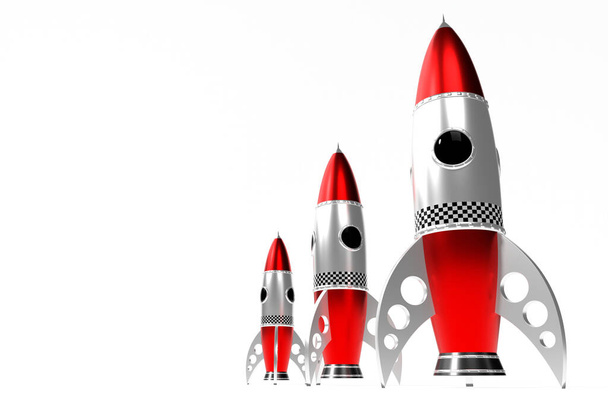 銀と赤のおもちゃのロケット- 3Dイラスト - 写真・画像