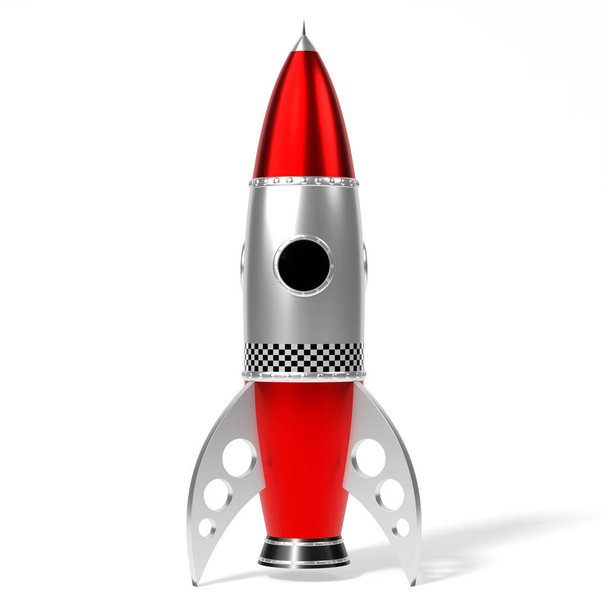 Zilver en rood speelgoed raket - 3D illustratie - Foto, afbeelding