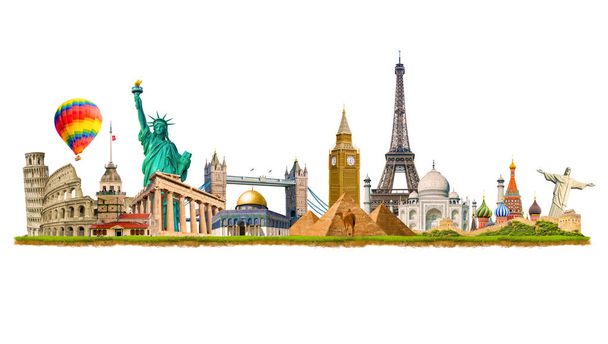 Turm von Pisa, Kolosseum, Mädchenturm, Freiheitsstatue, Uhrturm, Pyramiden, Eiffelturm, Taj Mahal, Große Mauer. Die berühmtesten touristischen Strukturen der Welt. Foto-Manipulation. 3D-Illustration - Foto, Bild