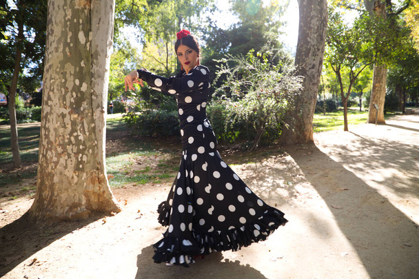 Hiszpańska, piękna, brunetka tancerka flamenco z typową sukienką flamenco w czerni z białymi kropkami polki. Tańczy w parku w Sewilli. Koncepcja Flamenco dziedzictwo kulturowe ludzkości. - Zdjęcie, obraz
