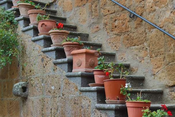 Civita Bagnoregio Lazio Włochy schody do domu z wazonami i kwiatami - Zdjęcie, obraz