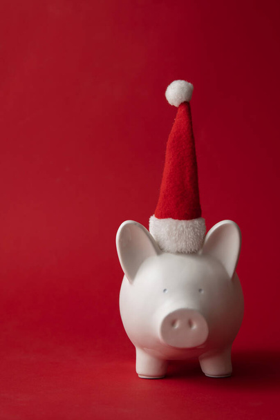 Karácsonyi megtakarítás, fehér malacpersely piros mikulás sapkában - Fotó, kép