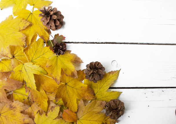 Осенний уютный фон и желтые осенние листья на белом деревянном столе. Осенний фон с местом для текста, статей и блога. - Фото, изображение