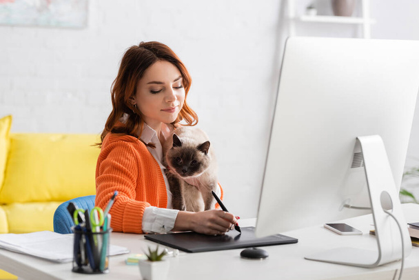 positive woman working on graphic tablet while sitting with cat at work desk - Fotoğraf, Görsel