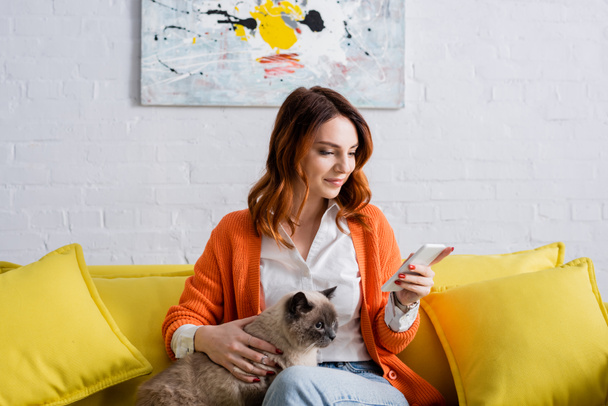 smiling woman messaging on mobile phone while sitting on yellow couch with cat - Foto, Imagen