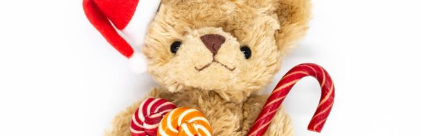 Bunner met knuffelspeeltje Teddy beer in een rode Kerstman hoed op een oor, met suikerriet en twee gestreepte lolly 's in zijn poten. Witte achtergrond, kopieerruimte. Concept van Kerstmis. - Foto, afbeelding