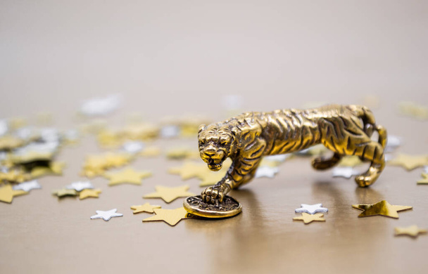 Una figura di bronzo di una tigre con una moneta - il simbolo del nuovo anno cinese 2022 su uno sfondo di stelle d'oro, copiare lo spazio. Auguri di buona fortuna, benessere finanziario e ricchezza. - Foto, immagini