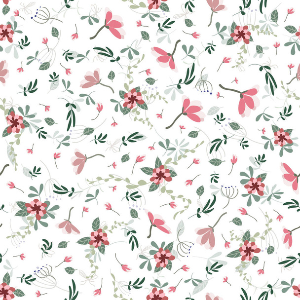 Seamless beautiful fresh floral pattern on a white background. Small twigs, soft pink flowers, green leaves, inflorescences, blades of grass. Square vector illustration. Used for packaging, printing on fabric, paper, wallpaper, etc. Eps 10. - Vecteur, image