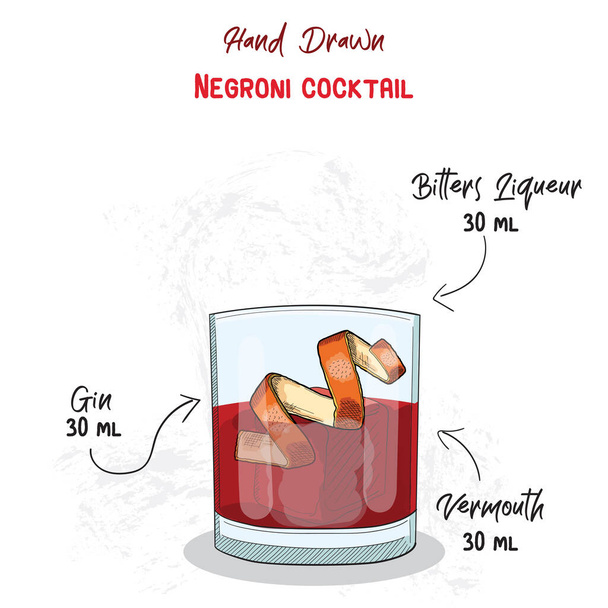 Hand Drawn Colorful Negroni Summer Cocktail Drink Ingredients Handwritten Recipe - Vector, Image