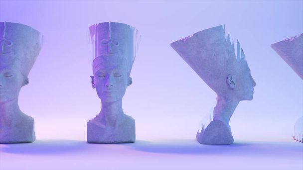 Glitch van Nefertiti hoofd op lichte achtergrond. 3d illustratie - Foto, afbeelding