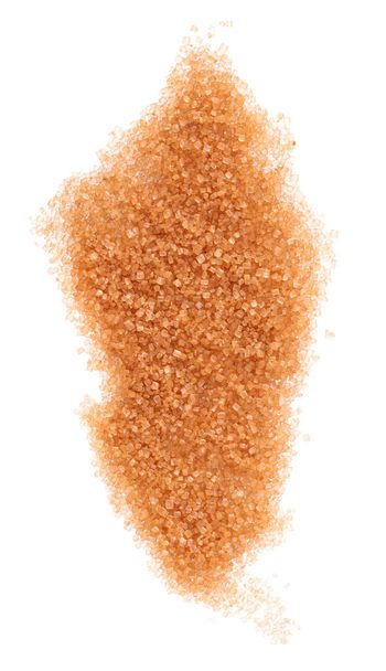 Brown sugar isolated on white background. Heap of cane sugar crystals. Top view. - Photo, Image