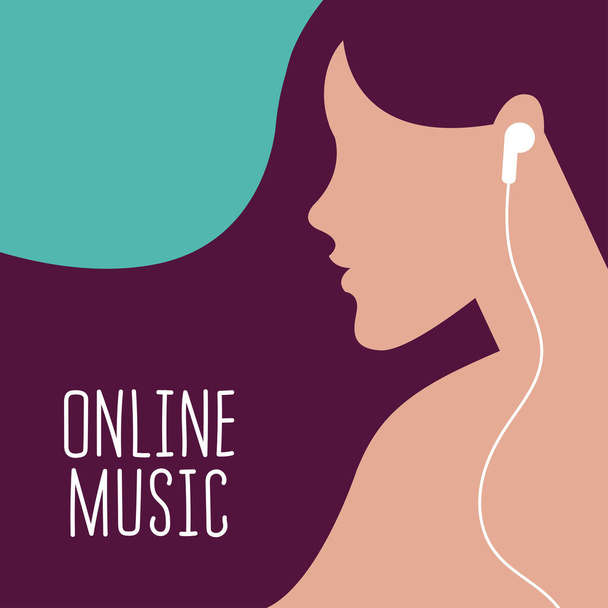 vector illustration of a girl with earphones in her ears listening to online music in trendy colors. the text online music. useful for advertising music channels, online music services, for web design - Vector, Image