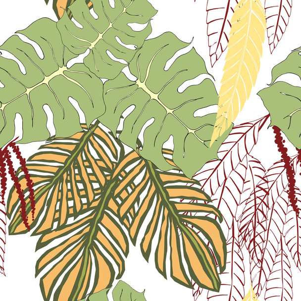 Exotische tropische Blätter auf weißem Hintergrund. Nahtloses Muster. - Foto, Bild