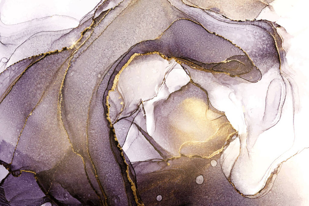 Violet, black and gold abstract marble alcohol ink painting. Luxury fluid watercolor background with golden splash. Vector illustration of contemporary grey watercolour art design for wedding invite - Vector, Image