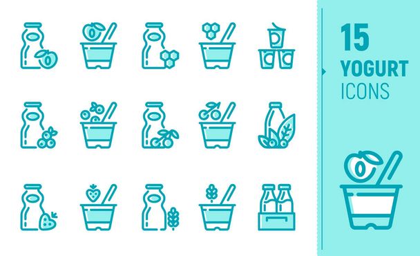 A set of contour yogurt icons, flat monochrome icons. Cups of natural yogurt, bottles of eco-yogurt, bags of yogurt. Production of farm food products. - Vector, Image
