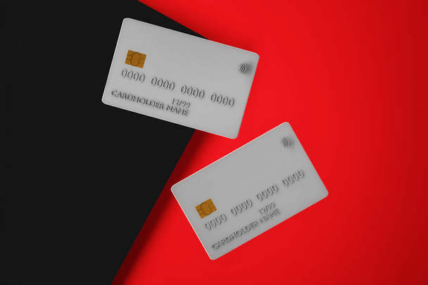 Dos tarjetas de crédito sobre fondo rojo oscuro, ilustración 3d - Foto, Imagen