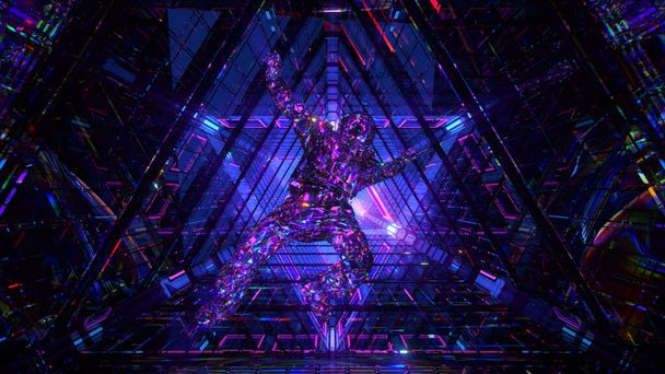 Crystal astronaut falling in the corridor of a spaceship. Neon light. Diamond composition. 3d illustration - Φωτογραφία, εικόνα
