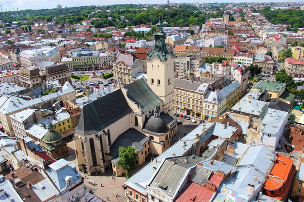 Άποψη της πόλης του Lviv από το δημαρχείο. Τα λιοντάρια βλέπουν από ψηλά. Πλατεία Rynok - Φωτογραφία, εικόνα
