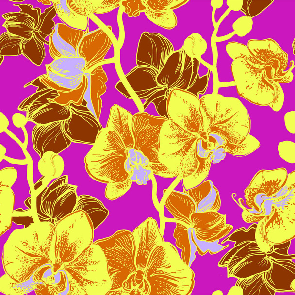 Crazy colors seamless pattern with orchids flowers drawn by hand. - Wektor, obraz
