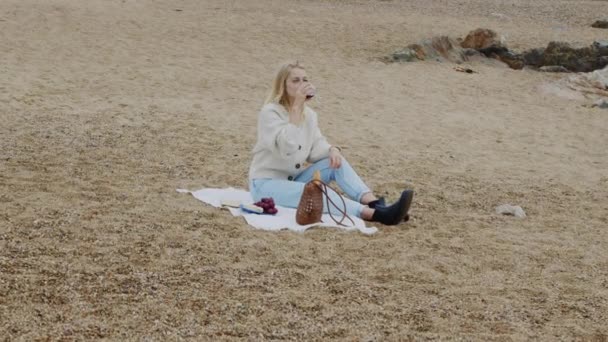 Vrouw heeft picknick op het strand - Video