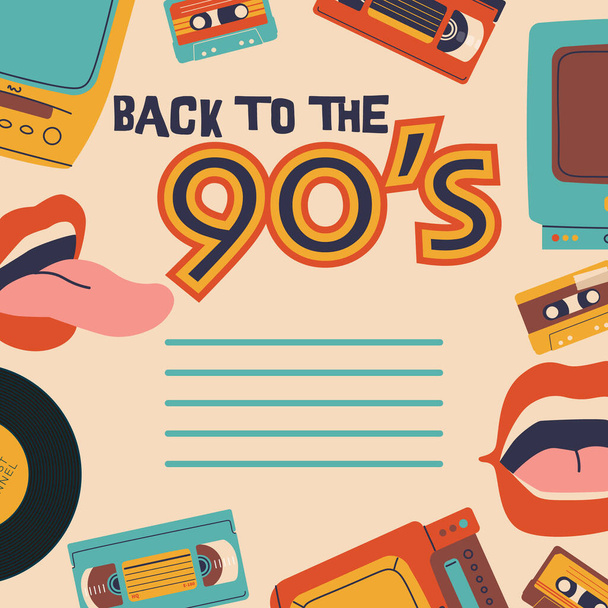 Back to the 90s. Video and audio cassettes, TV with VCR, vinyl records. Vector multicolor background for poster or invitation. - Wektor, obraz