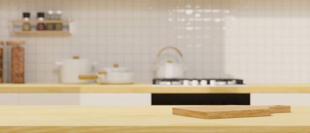 Encimera de madera de primer plano con tabla de cortar y espacio de montaje sobre fondo de cocina minimalista. representación 3d, ilustración 3d - Foto, Imagen