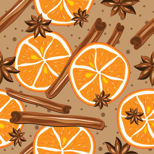 Cinnamon and oranges, kitchen background. - Vector, Image